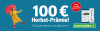 Angebot 100 Euro Herbst Prämie 12 Monate Zeitung gedruckt und digital lesen, Frau mit rotem Schirm und Button Jetzt bestellen