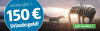 Ein Elefant und ein Zebra stehen in der Landschaft. Werbung für 150 Euro Urlaubsgeld mit dem Text 'Jetzt bestellen' in einer Schaltfläche.