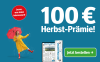 Angebot 100 Euro Herbst Prämie 12 Monate Zeitung gedruckt und digital lesen, Frau mit rotem Schirm und Button Jetzt bestellen