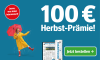 Angebot 100 Euro Herbst Prämie 12 Monate Zeitung gedruckt und digital lesen, Frau mit rotem Schirm und Button Jetzt bestellen